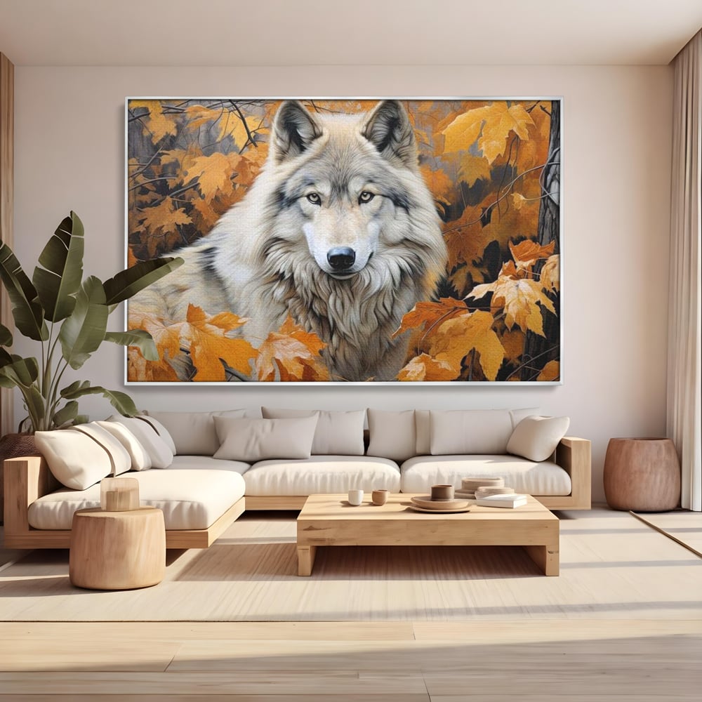 Tablou canvas cu tablou canvas cu lup in toamna, in rama de aluminiu argintiu, pe perete intr-un living